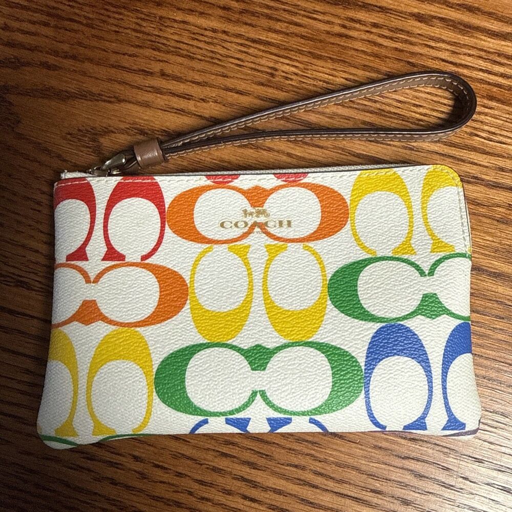 Coach Corner Zip Wristlet Rainbow Signature Canvas 2021 Pride Leather Strap